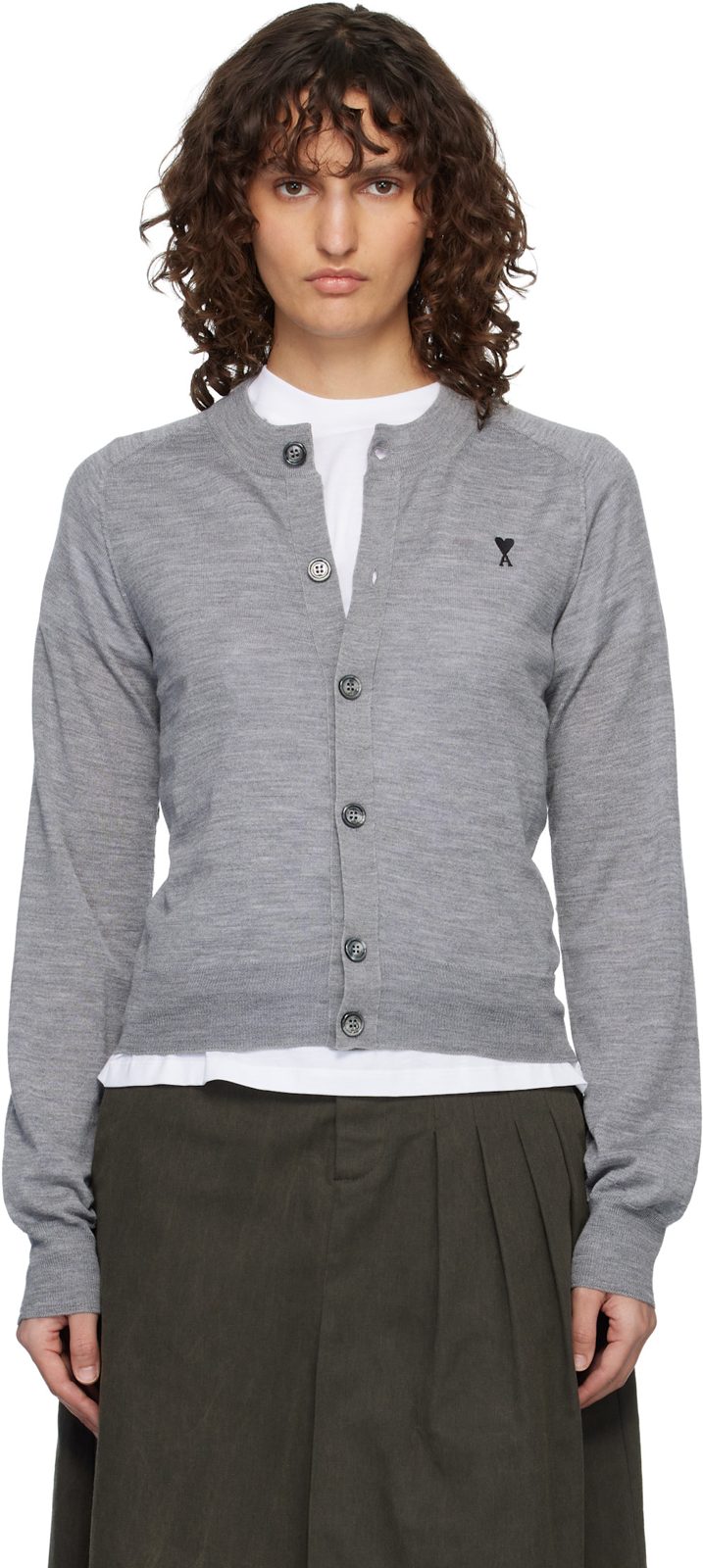 Gray Wool Crewneck Ami de Coeur Cardigan 261482F095008