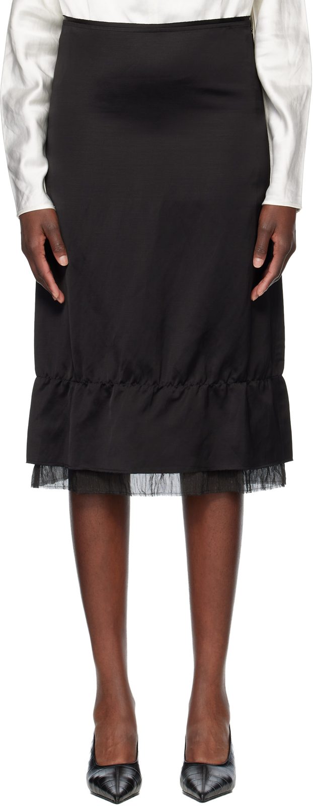 TOTEME Black Layered Satin Midi Skirt 261771F092009