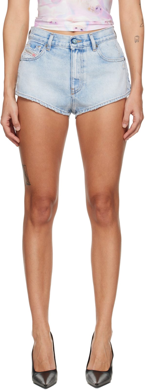 Blue Frayed Hems Denim Shorts 261001F088006