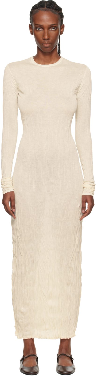 TOTEME Beige Crinkled Knit Long-Sleeve Midi Dress 261771F054011