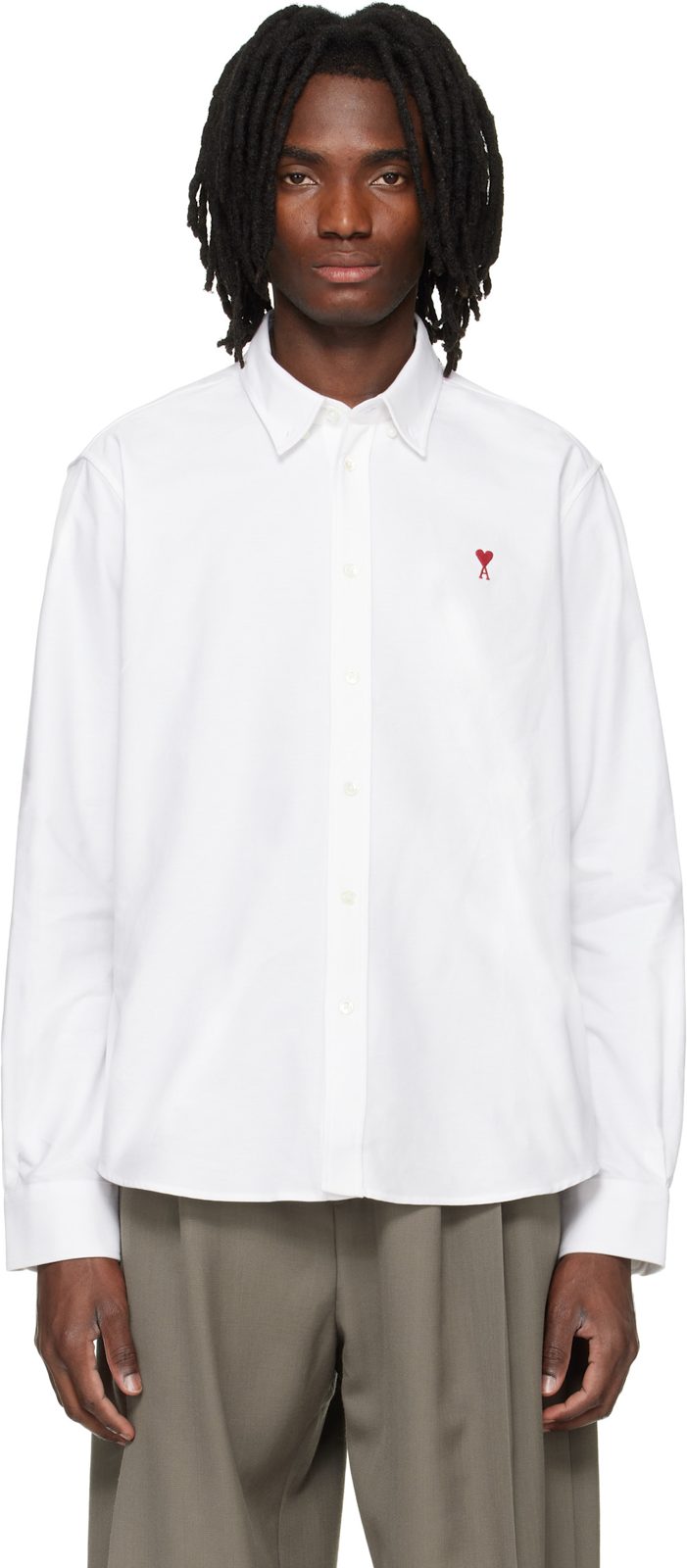 White Classic Long Sleeve Button-Down Collar Embroidered ADC Shirt 261482M192025