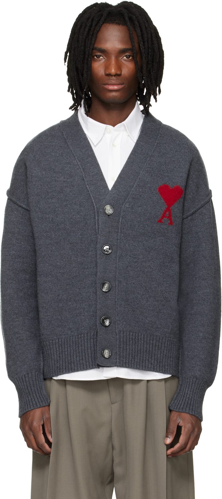 Gray Wool Contrasted Ami de Coeur Cardigan 261482M200009