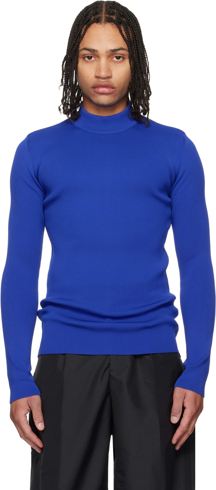 Blue Long Sleeve Mockneck Sweater 261249M205000