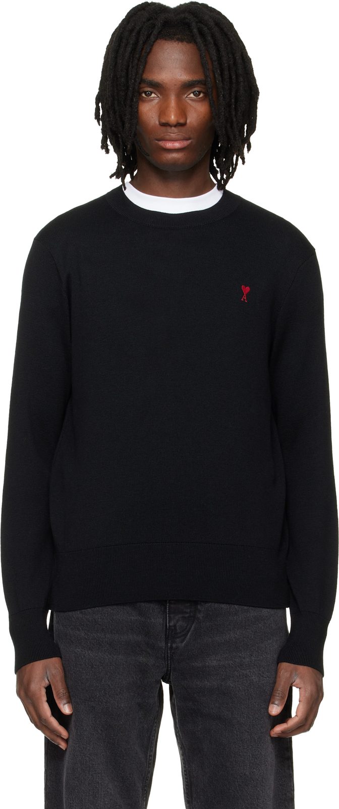 Black Wool Contrasted Ami de Coeur Crewneck Sweater 261482M201005