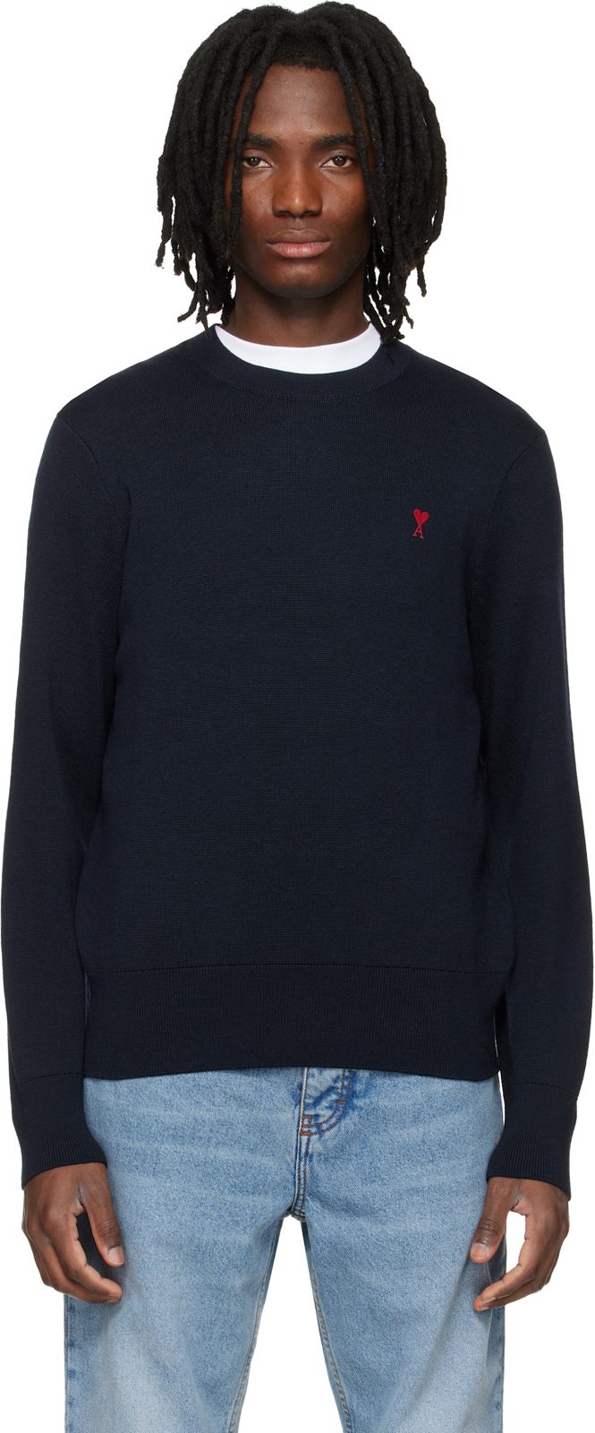 Navy Wool Contrasted Ami de Coeur Crewneck Sweater 261482M201004