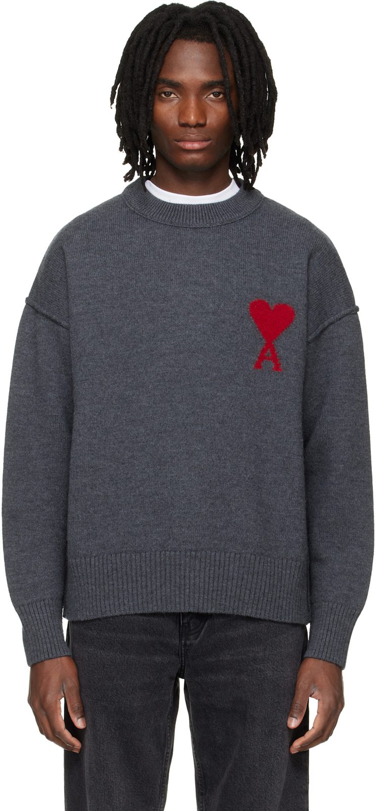 Gray Wool Contrasted Ami de Coeur Crewneck Sweater 261482M201010