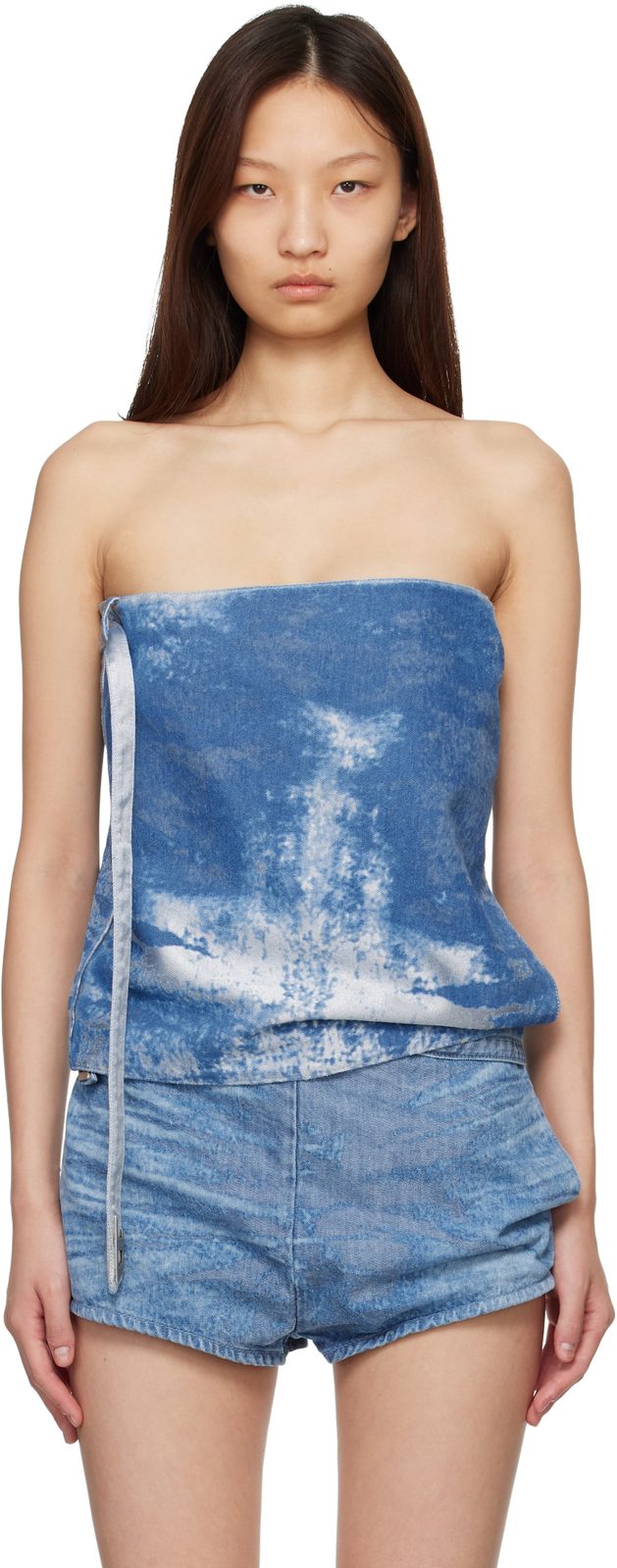 Blue Satin Denim Sleeveless Top 261001F111010