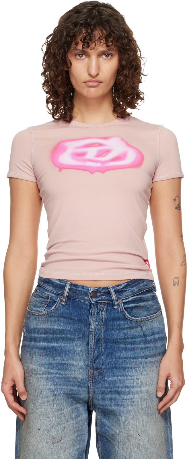 Pink Slim Graffiti-Effect Logo T-shirt 261001F110010