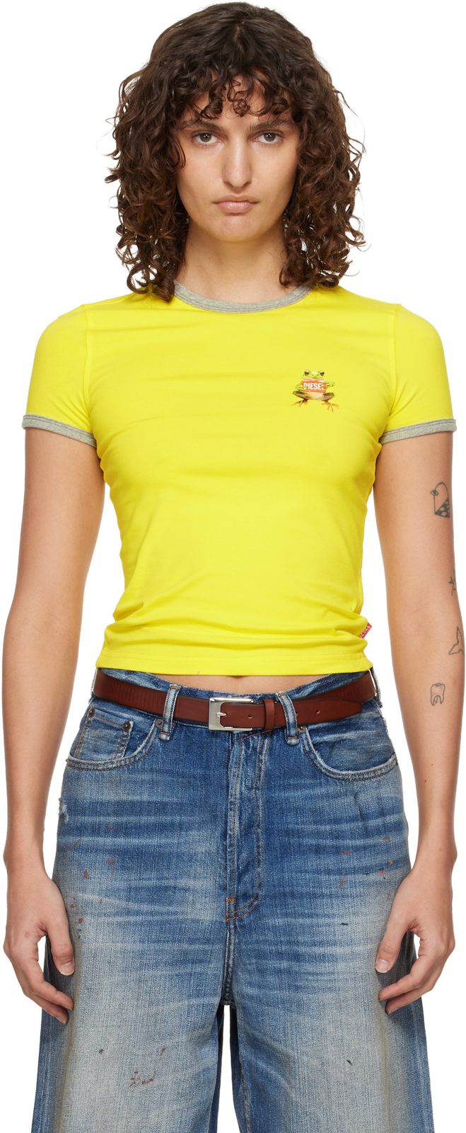 Yellow Slim Frog Print T-shirt 261001F110001