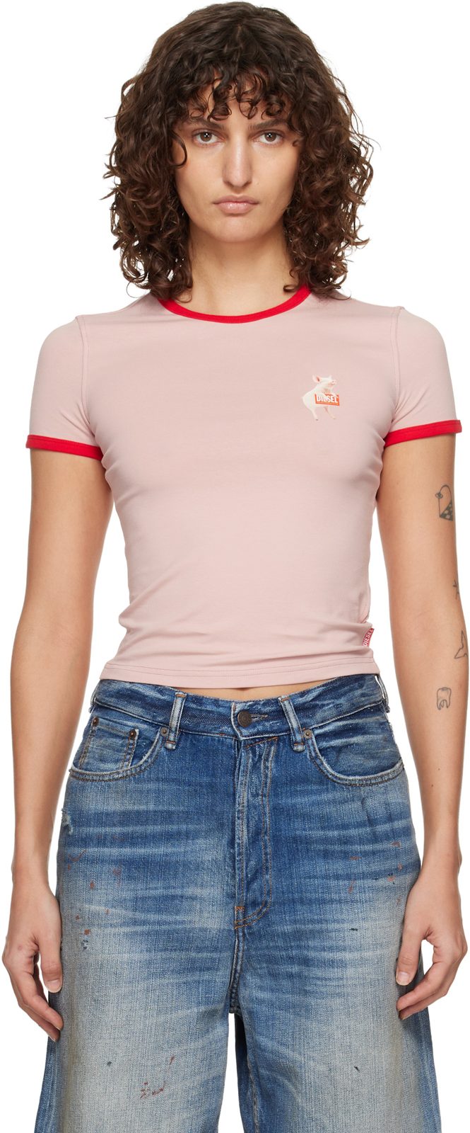 Pink Slim Pig Print T-shirt 261001F110000
