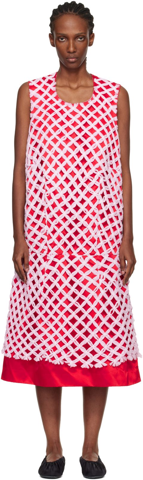 Comme des Garcons Red & Pink Tulle Braided Mesh Midi Dress 261245F054005