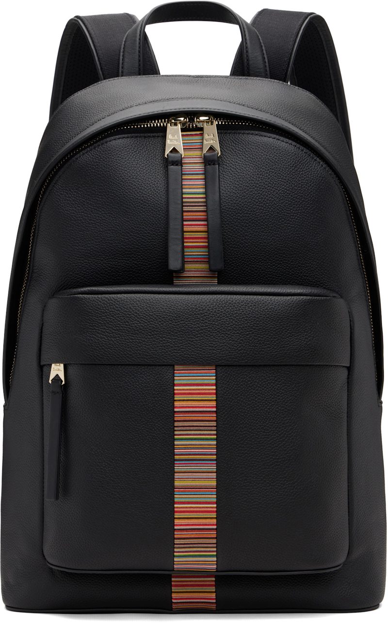Paul Smith Black Leather Signature Stripe Trim Backpack 262260M166001