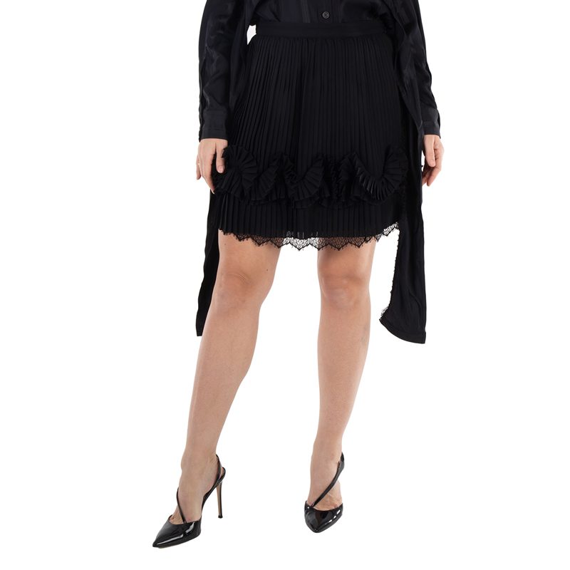 Pleated Lace-Trim Skirt_Black