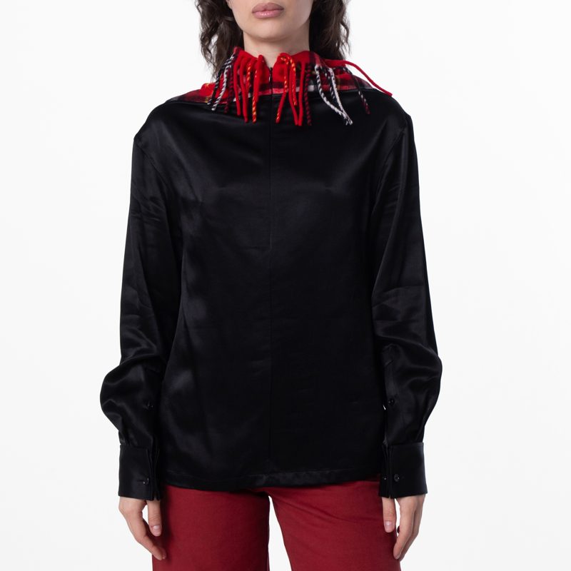 Long-Sleeved Check Scarf Top_Black