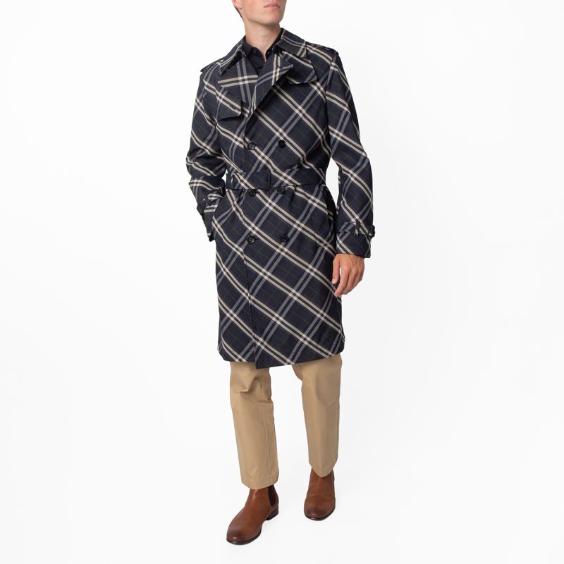 Check Long Belted Trench Coat_Indigo Ip Check