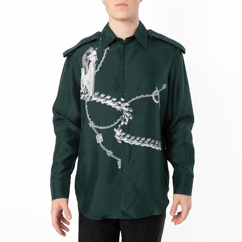 Knight Hardware Print Silk Shirt_Silver/Green