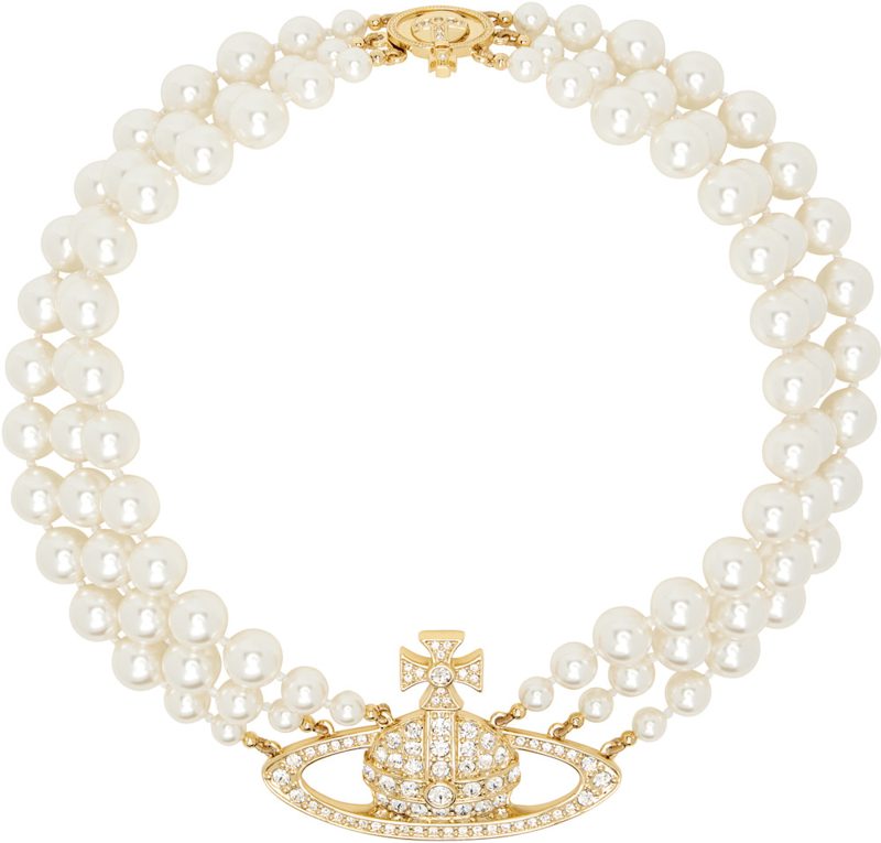 Three Row Faux-Pearl Bas Relief Necklace 261314F023009