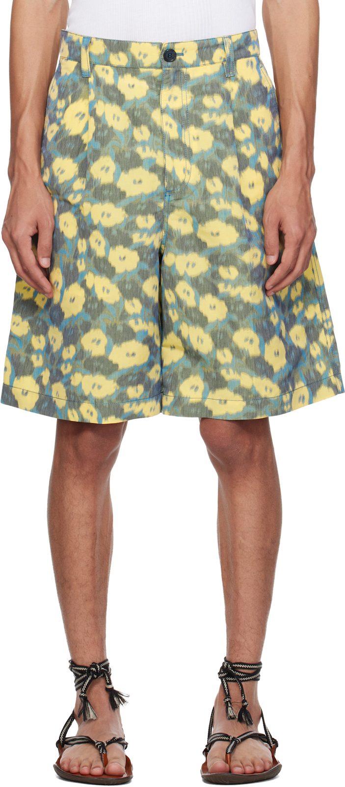 Marni Green & Yellow Linen Blend Blurry Floral Print Shorts 261379M193005
