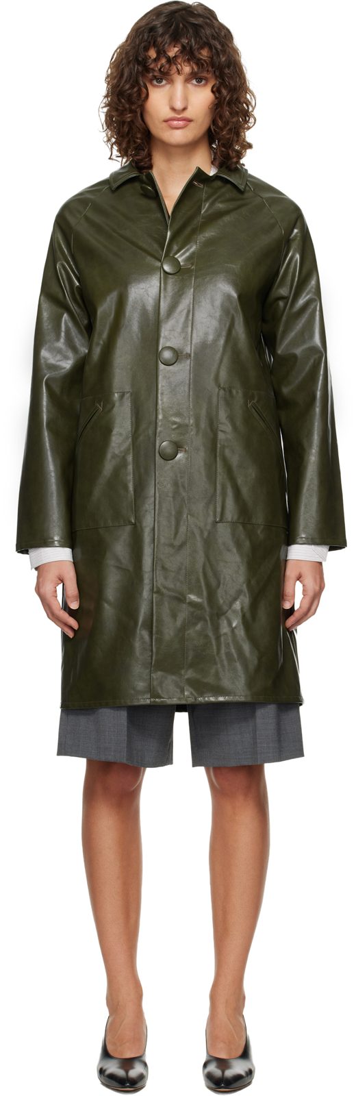 Khaki Raglan Faux-Leather Coat 261188F059003