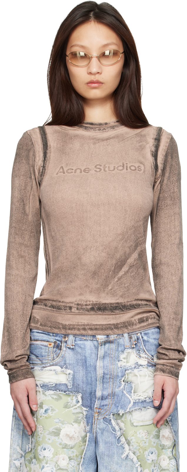 Beige Layered Printed T-shirt 262129F110013