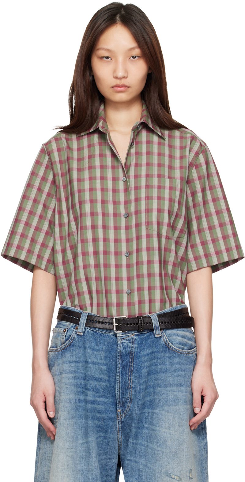 Green & Purple Check Button-Up Shirt 261129F109002