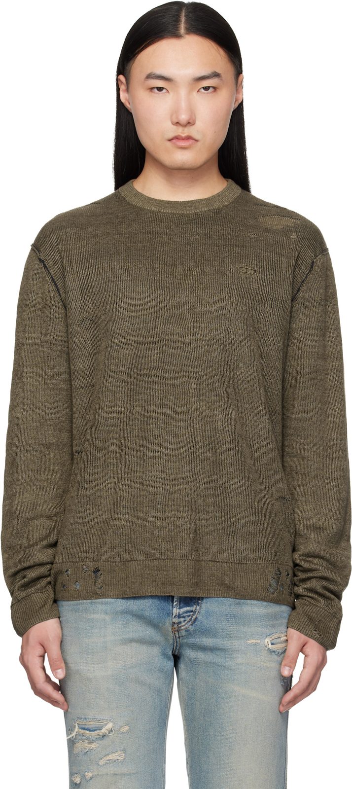 Khaki Destroyed Linen Sweater 261001M201006