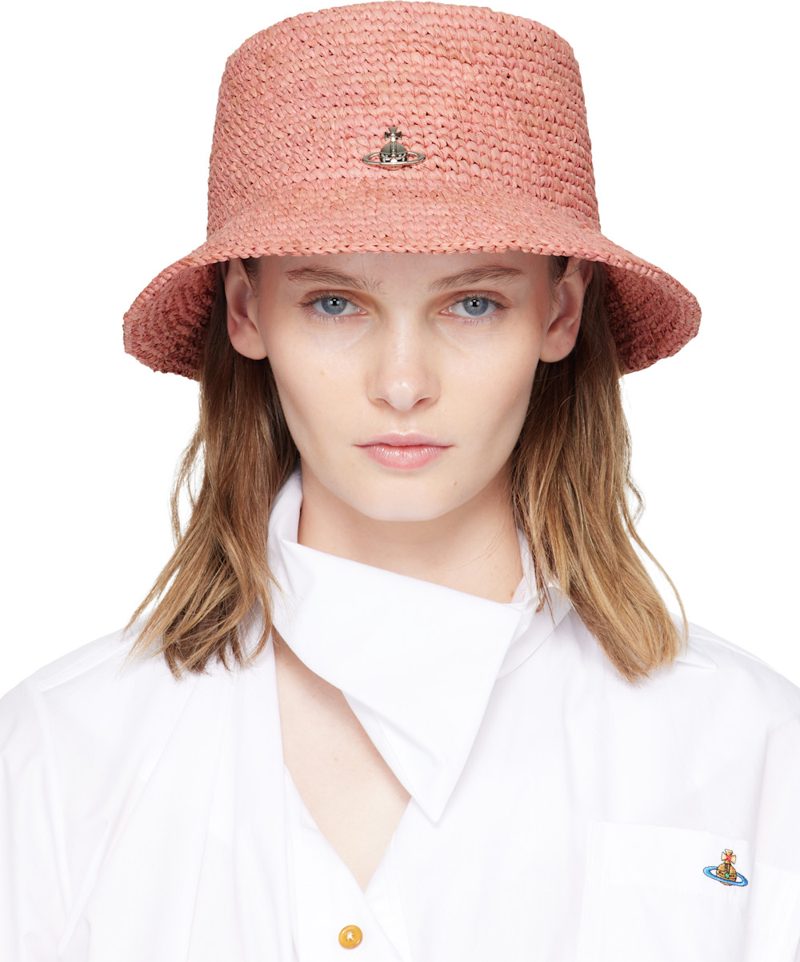 Pink Raffia Bucket Hat 261314F015009