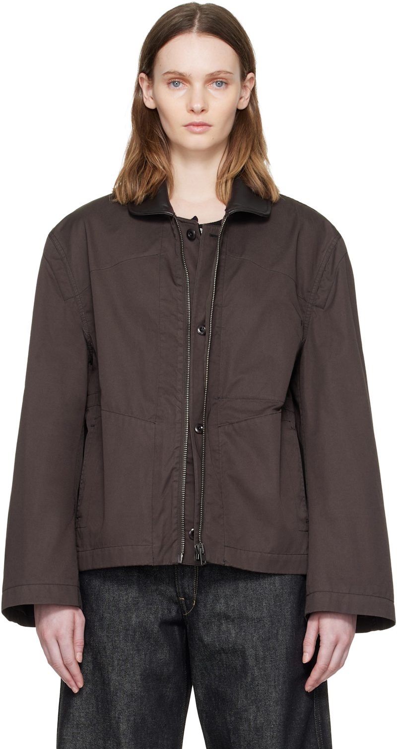 Brown Leather Collar Cotton Twill Blouson Jacket 261646F063005