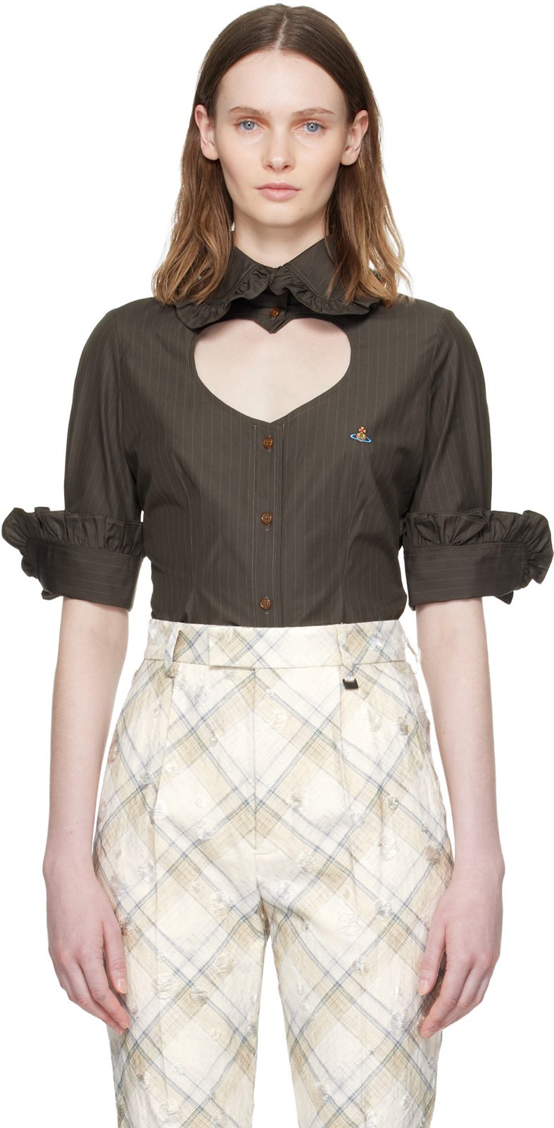 Brown Pinstripe Shirting S/S Toulouse Frill Shirt 261314F107009