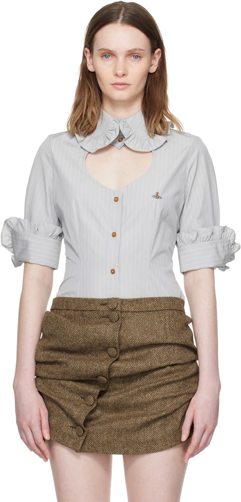 Gray Pinstripe Shirting S/S Toulouse Frill Shirt 261314F107008