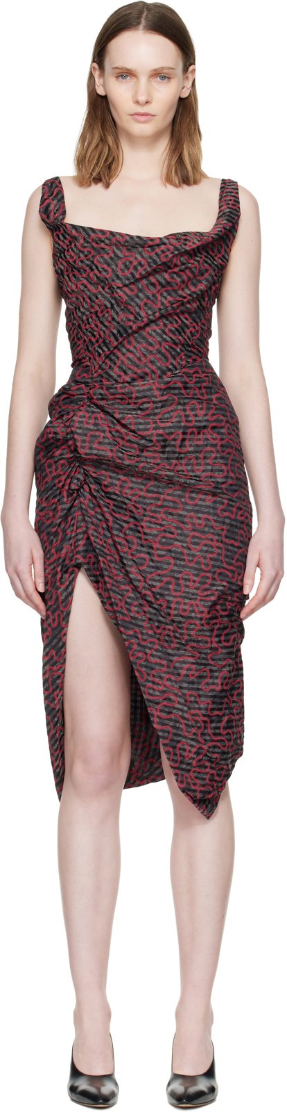 Black & Red Sleeveless Side Panther Midi Dress 261314F054018