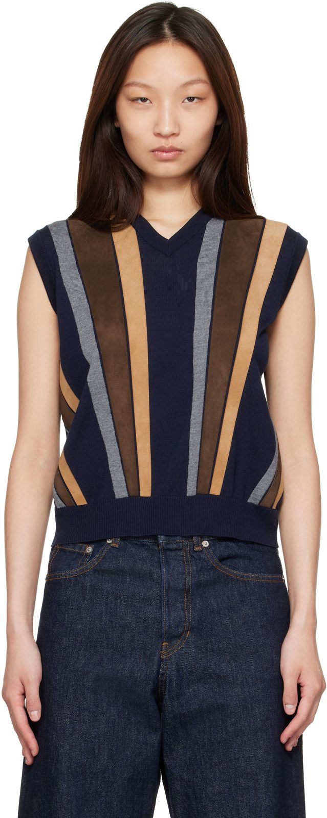 Navy Intarsia-Wool & Leather Patchwork Vest 261404F096000