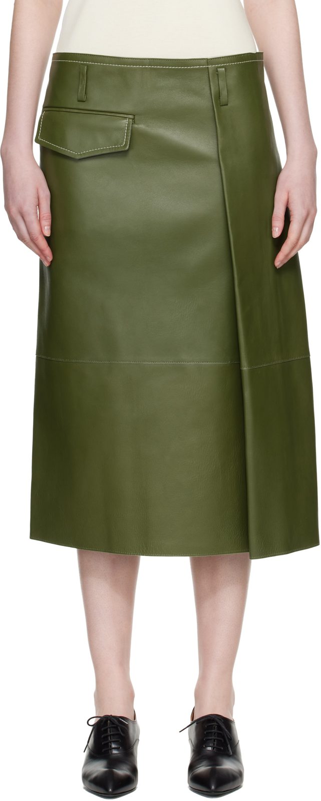 Marni Green Pocket Bonded Nappa Leather Midi Skirt 262379F092000