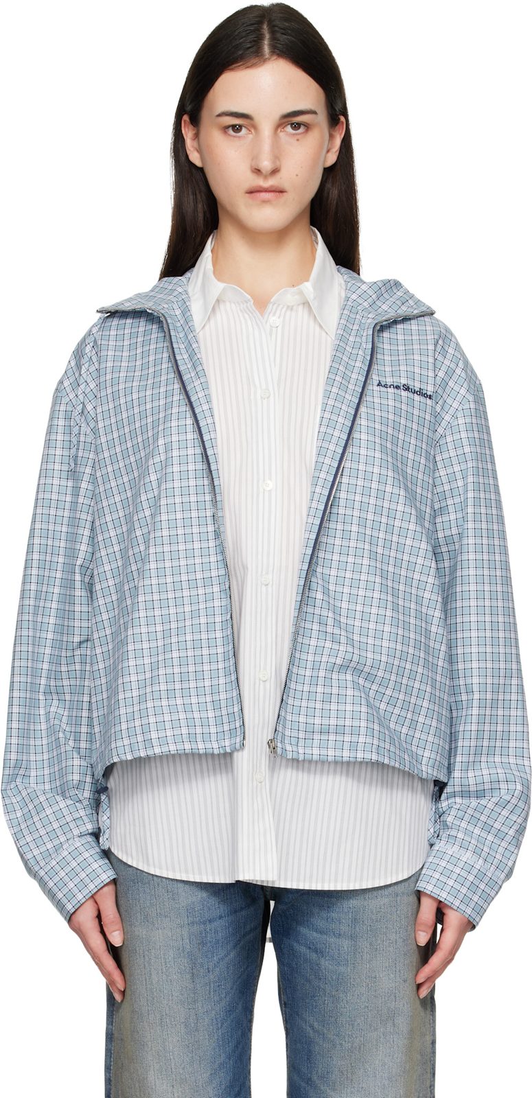 Blue Hooded Check Jacket 262129F063000