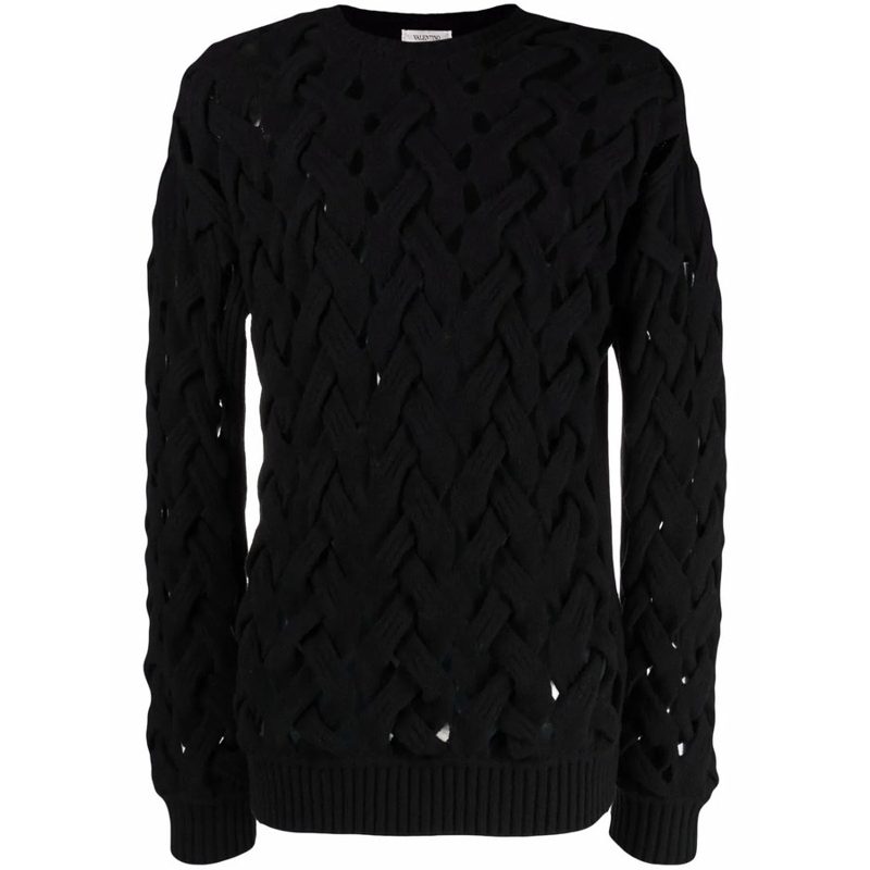 Garavani Garavani Woven Knitted Crew-Neck Jumper_Black