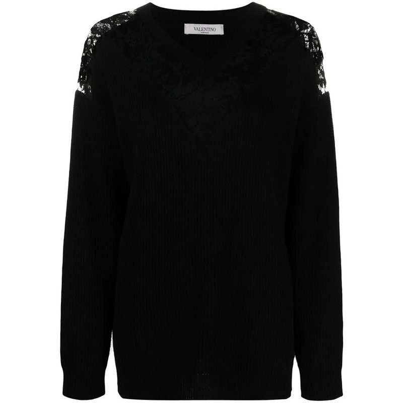 Garavani Garavani Lace-Embellished V-Neck Jumper_Black