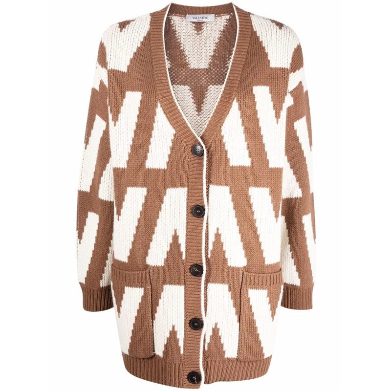 Garavani Garavani Logo-Intarsia Virgin Wool Cardigan_Brown