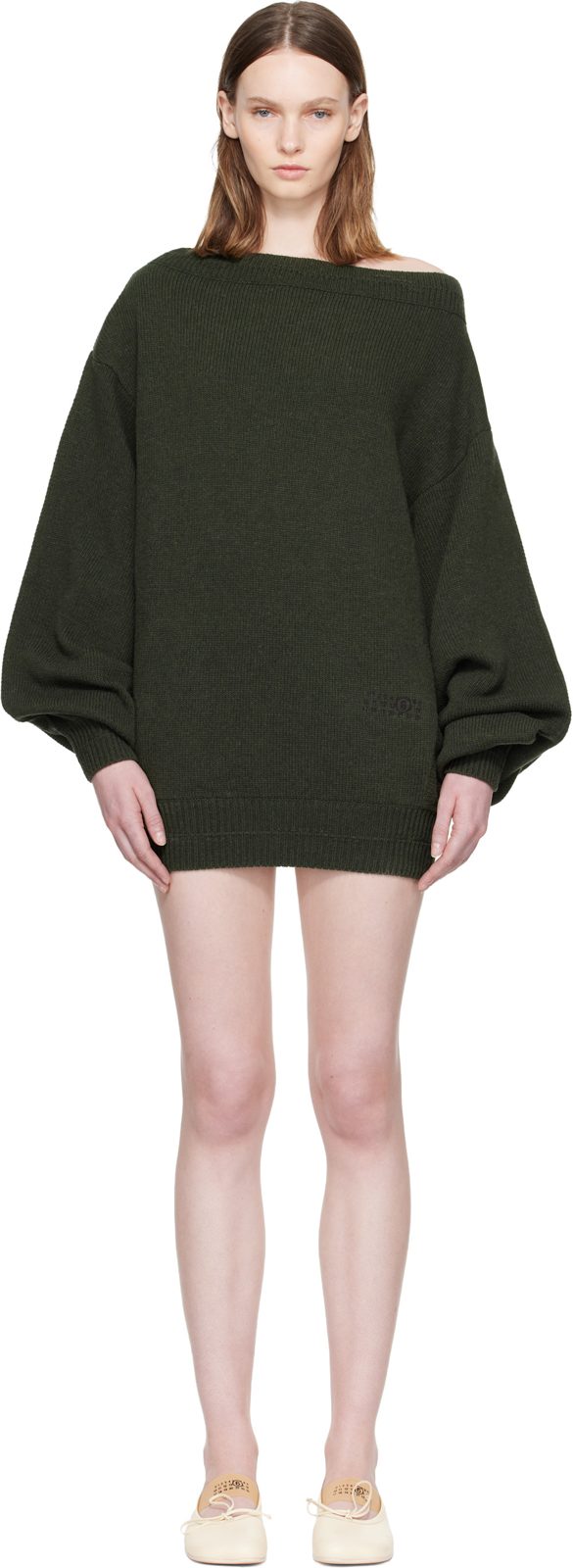 Khaki Off-Shoulder Knit Minidress 262188F052005