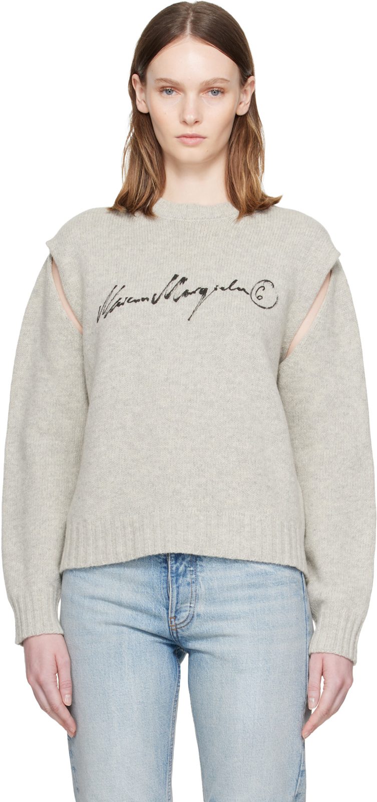 Gray Handwritten Knit Sweater 262188F096004