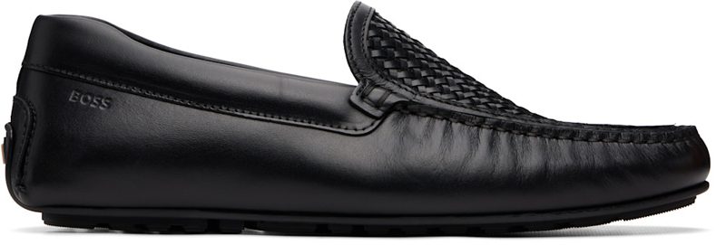 Black Woven Vamp Leather Loafers 261085M239011