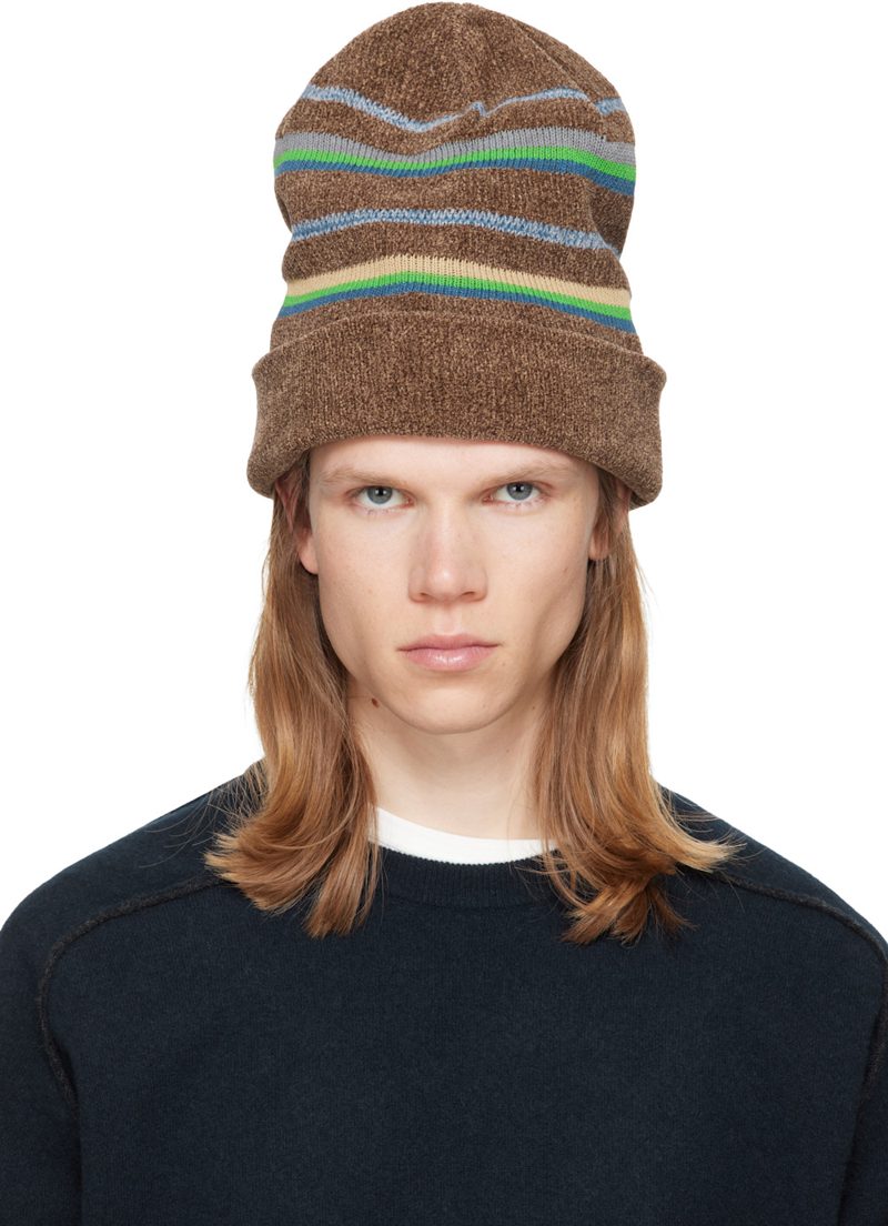 Brown Striped Knit Beanie 262168M138002