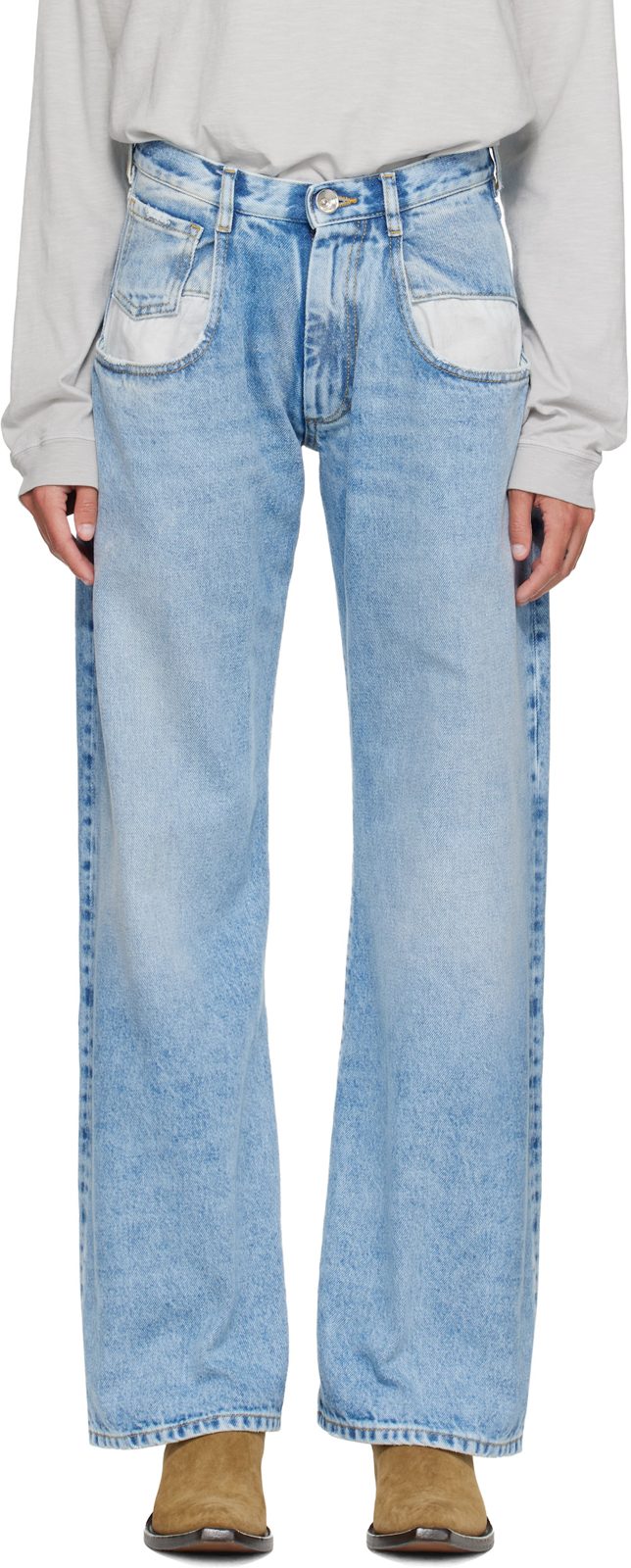 Blue Contrasted Pockets Straight Jeans 262168F069003