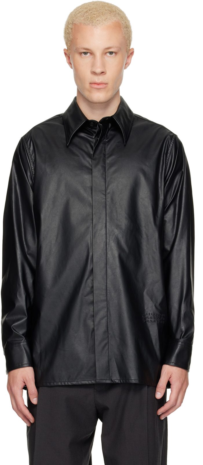 Black Long-Sleeved Faux-Leather Shirt 262188M192001