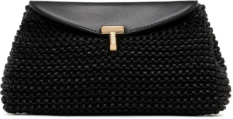 TOTEME Black Mini T-Lock Woven-Leather Clutch 261771F044024