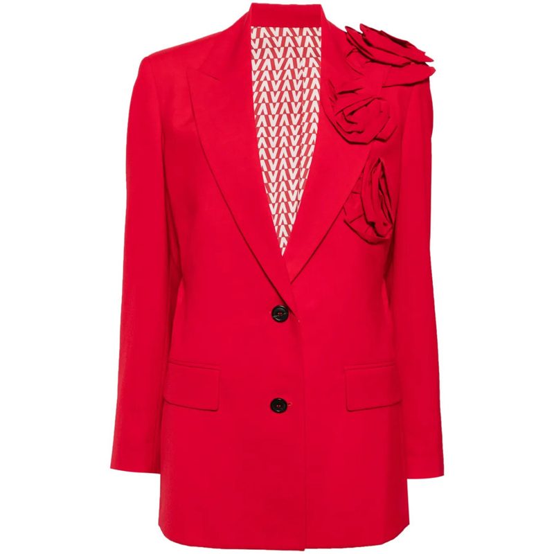 Garavani Garavani Floral Applique V-Neck Blazer_Red