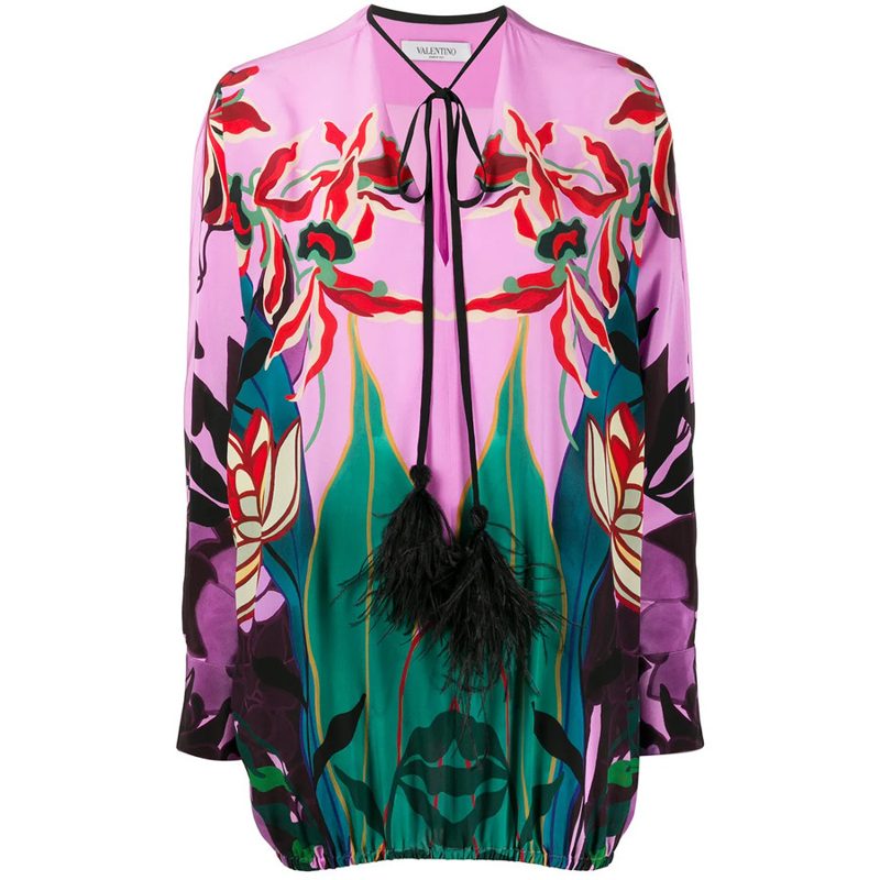 Garavani Garavani Feather-Embellished Mirrored Orchid Ramage Blouse_Pink