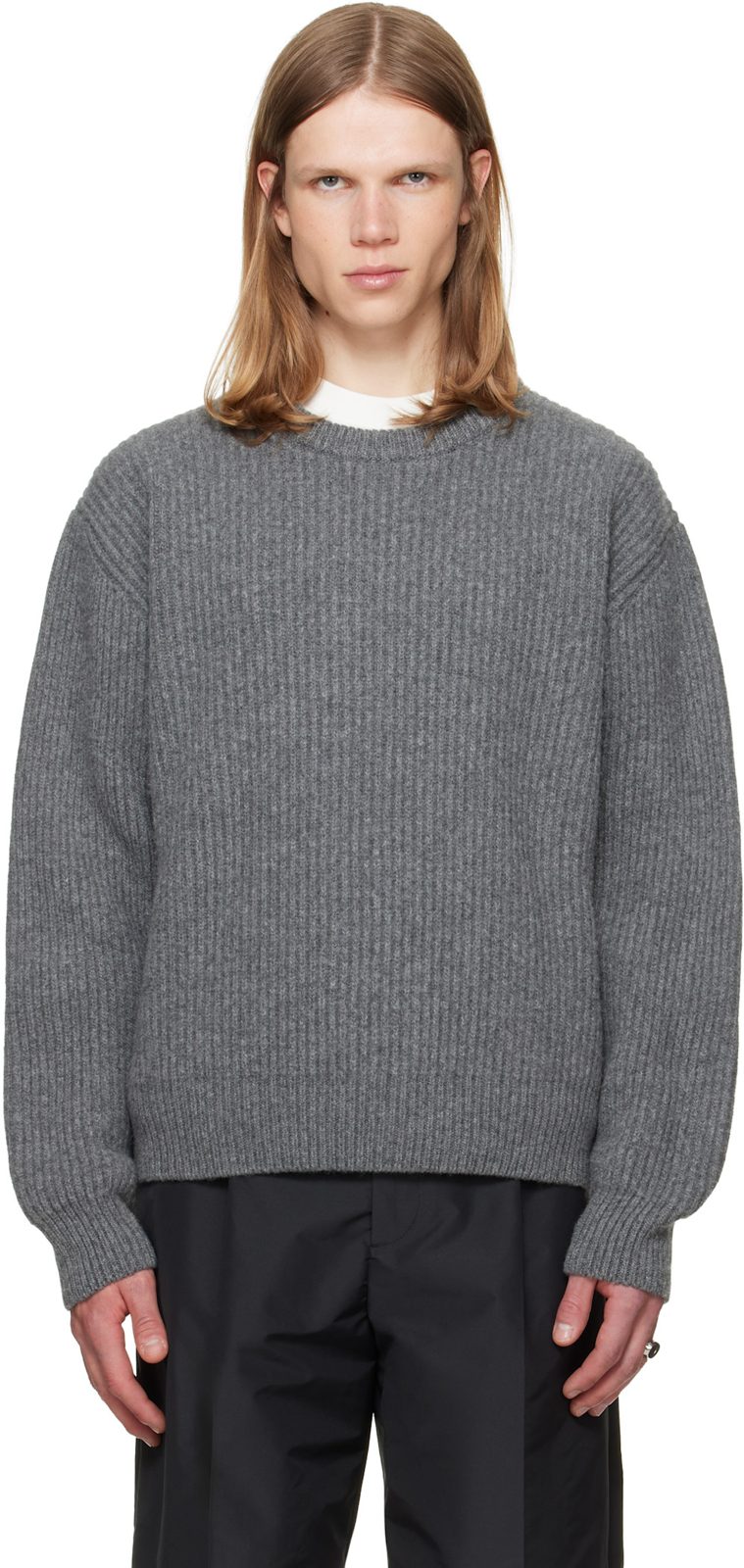 Gray Wool Crew-Neck Sweater 262249M201005