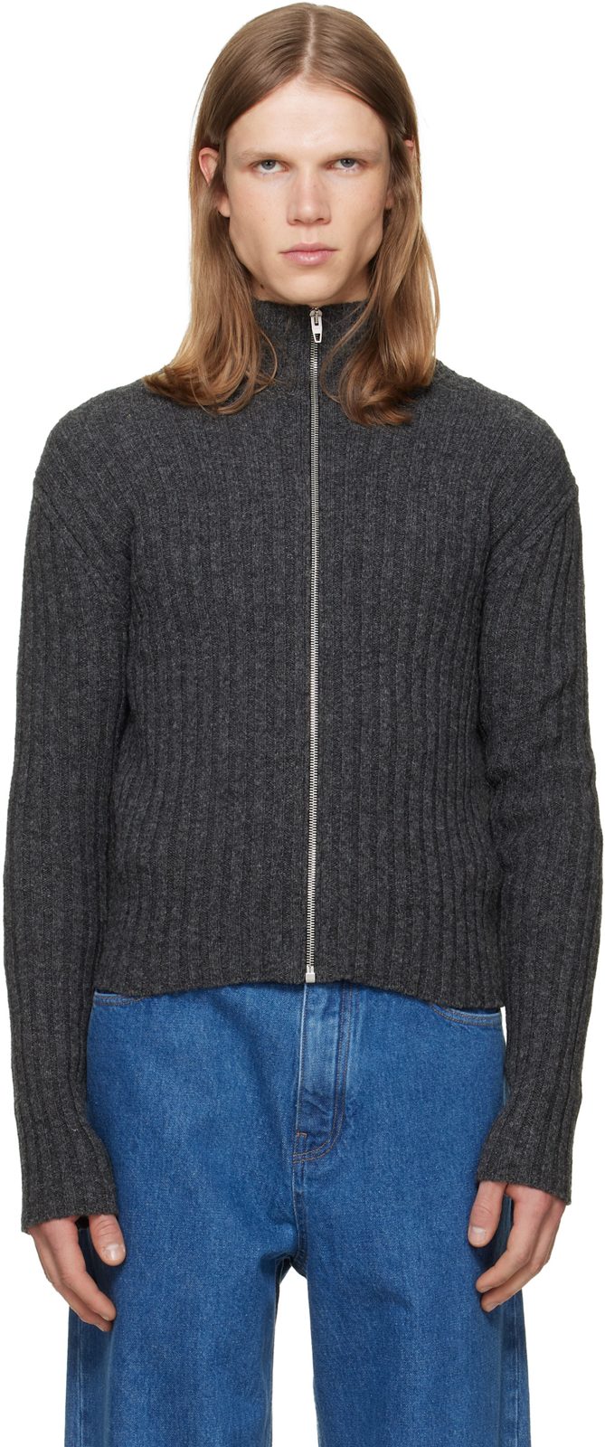 Gray Zip Up Cardigan 262249M213014