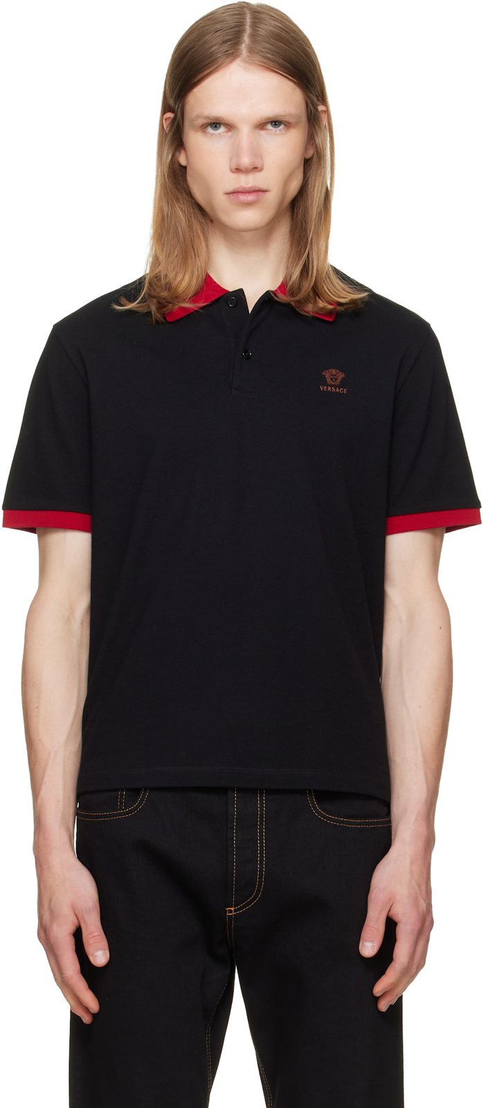Black Embroidered Cotton Pique Polo 262404M212005