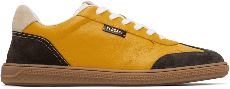 Yellow Greca Court Nappa & Suede Sneakers 262404M237008